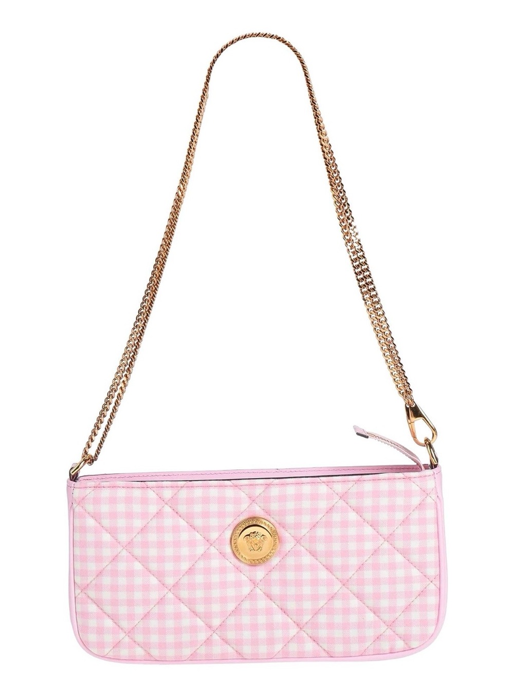 Versace Pink Gingham Quilted Shoulder Bag with Gold Chain Strap